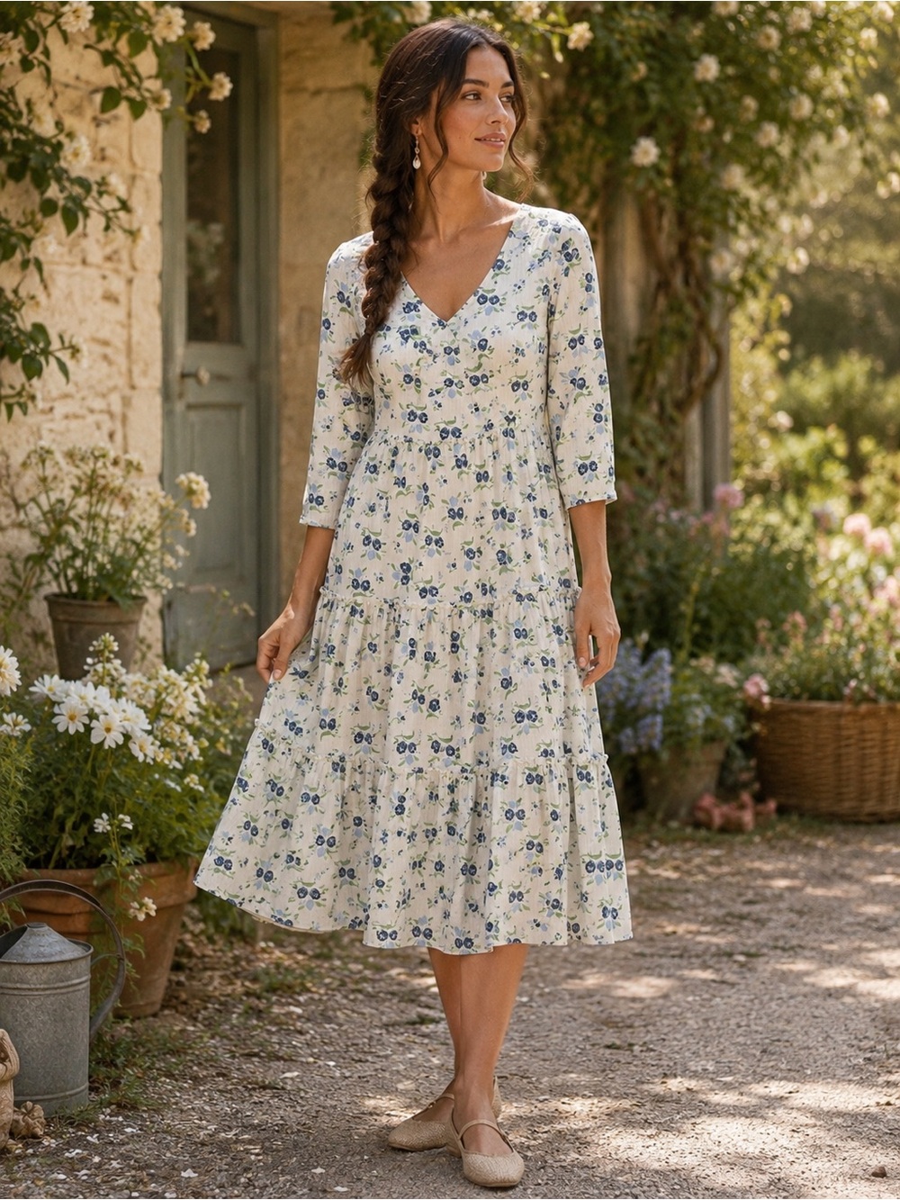 Sweet Baby Jane Tiered Midi Dress with Floral Print
